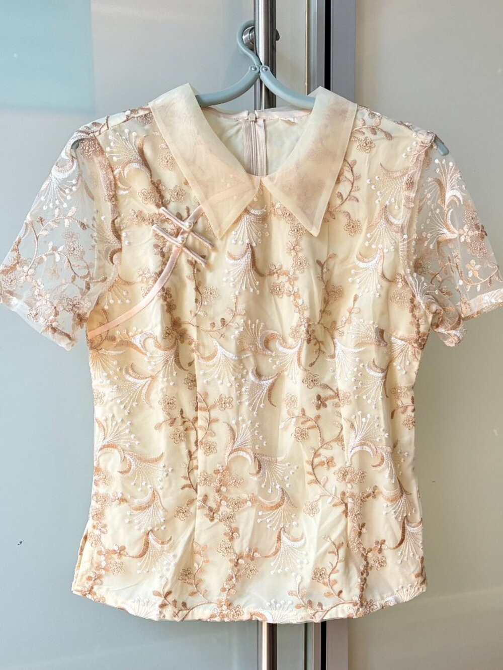 Beige Flora Mesh Qipao Blouse - Chinese Top